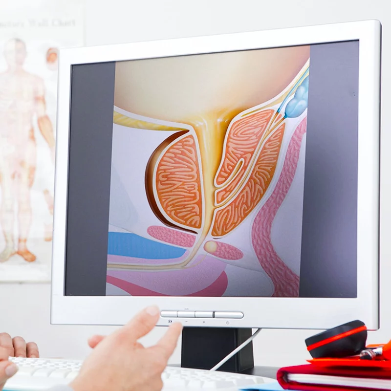 Auf einem Computermonitor wird eine medizinische Abbildung des männlichen Harn- und Fortpflanzungssystems, einschließlich der Prostata, angezeigt, während eine Person mit der Hand auf den Bildschirm deutet.