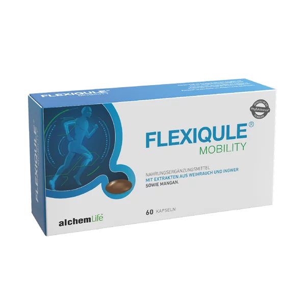 A box of Flexiqule Mobility food supplements with 60 capsules shows a running figure, the product name and German information on the packaging. The alchemLife brand appears in the bottom left corner.