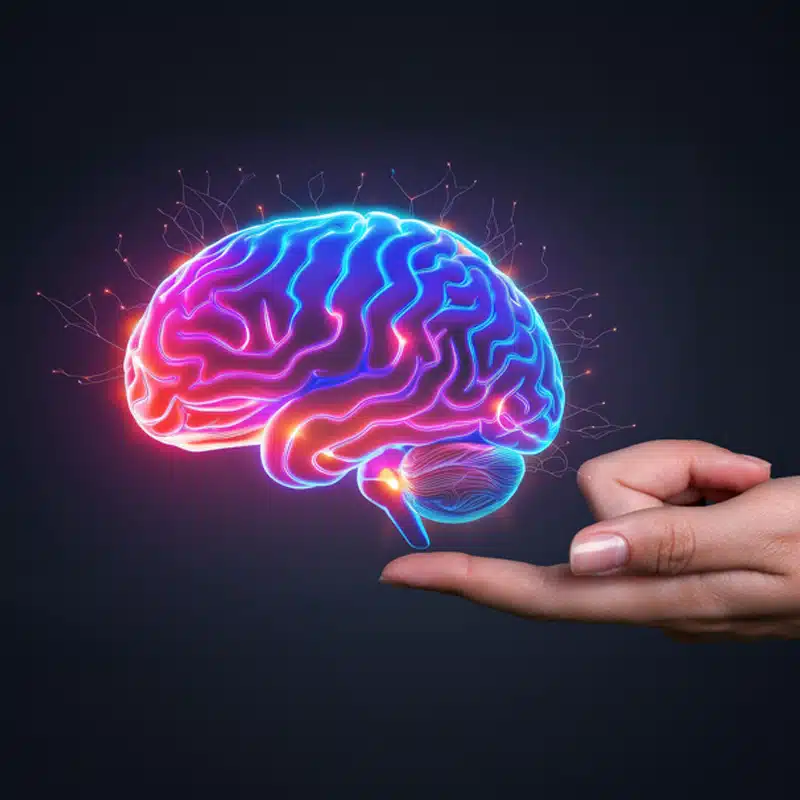 Eine menschliche Hand, auf deren ausgestreckten Fingern ein leuchtendes, dreidimensionales Modell eines menschlichen Gehirns mit neonfarbenen Linien in Pink, Blau und Orange schwebt.